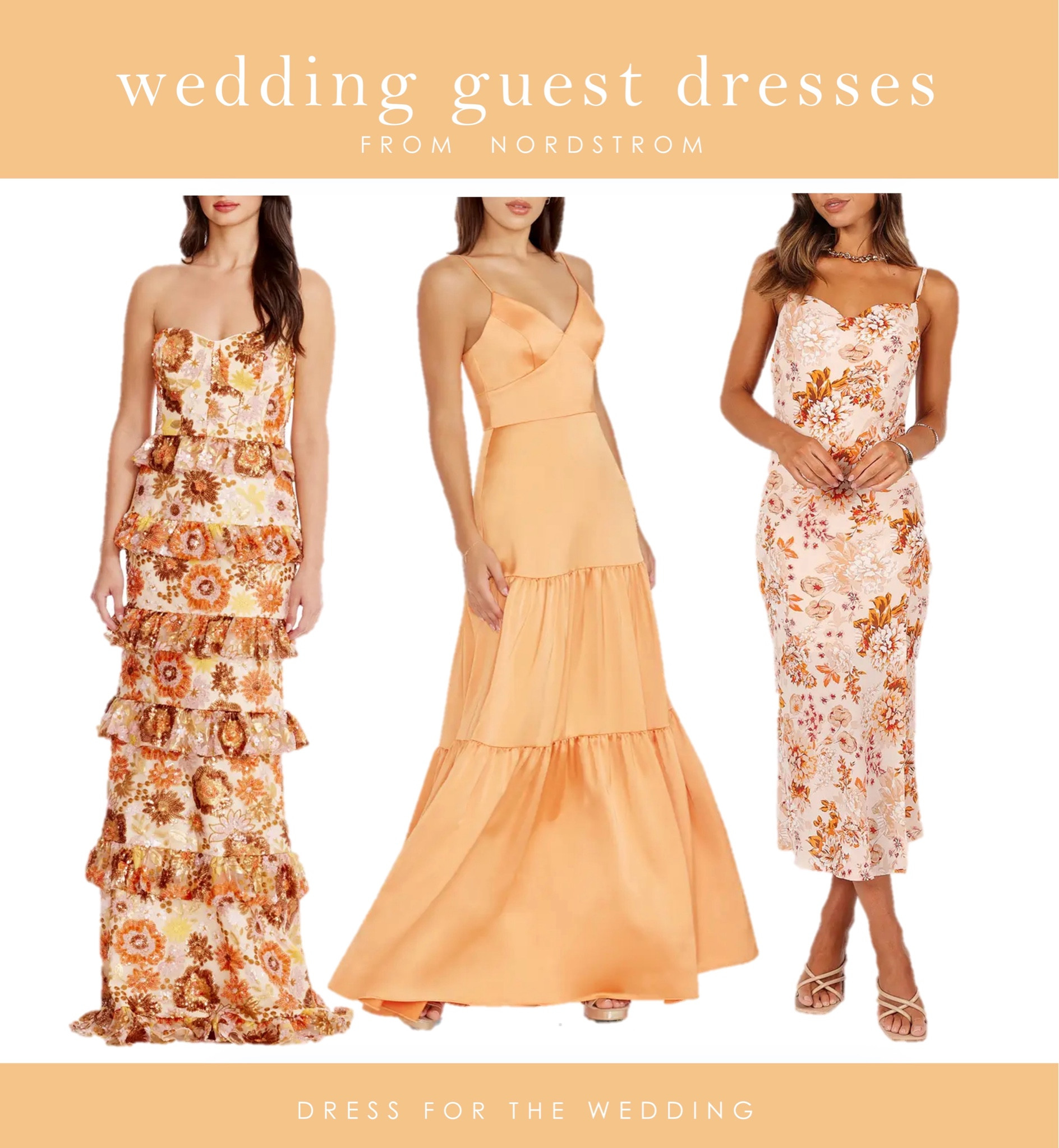 Peach and orange wedding guest dresses, summer wedding guest dress, formal dress, peach dress, floral dress, satin dress, dress for a black tie wedding, semi formal wedding, outdoor wedding, fall wedding attire, midi dress, maxi dress, Nordstrom dress. Follow Dress for the Wedding for cute dresses, sale alerts, wedding style and decor! Visit us at dressforthewedding.com for more! #LTKSummerSales #ltkxnsale #ltkwedding