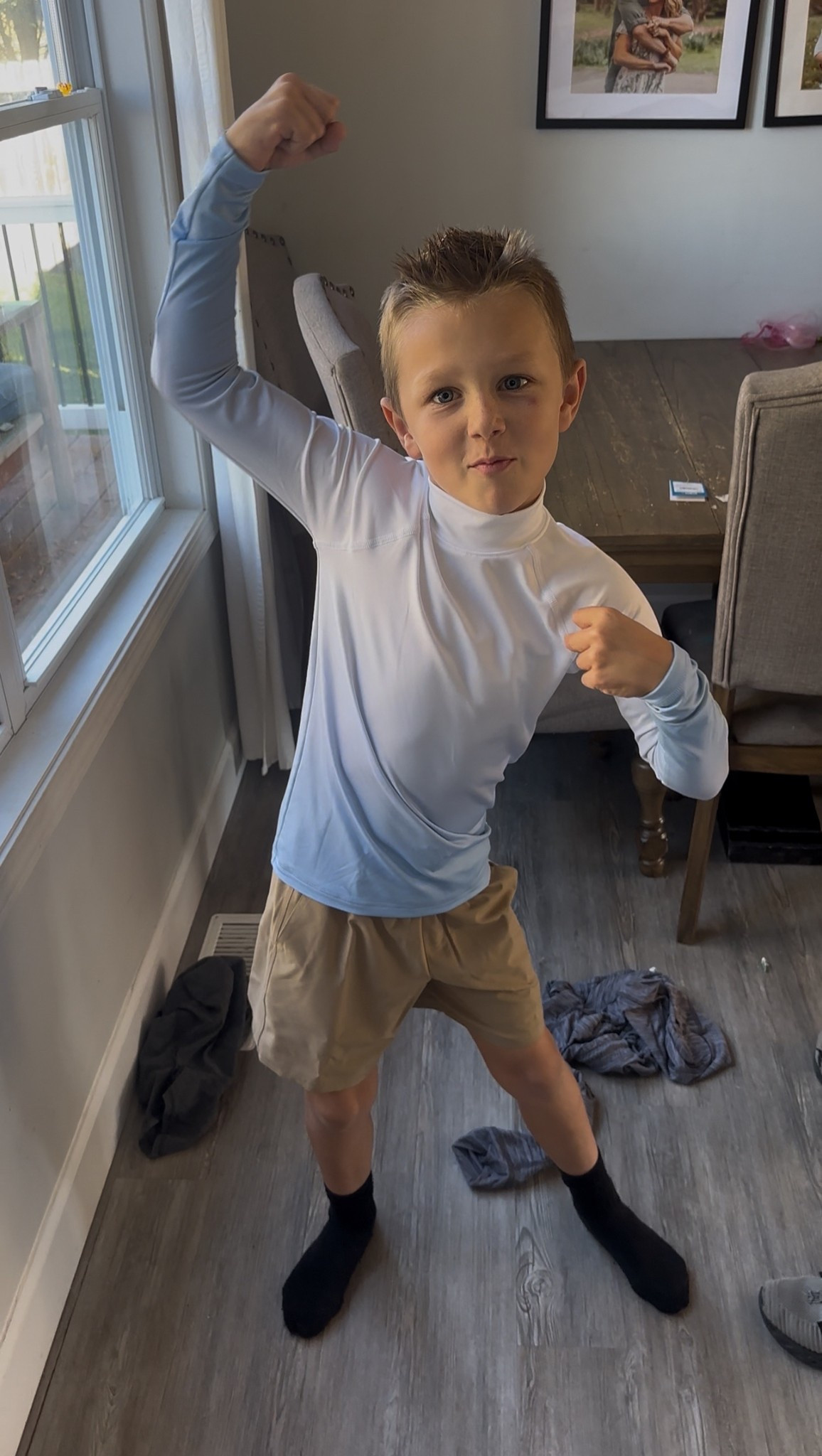 Kid’s running gear for colder temps. He’s 8 years old and wearing a size small for the shorts, pants, and shirt  