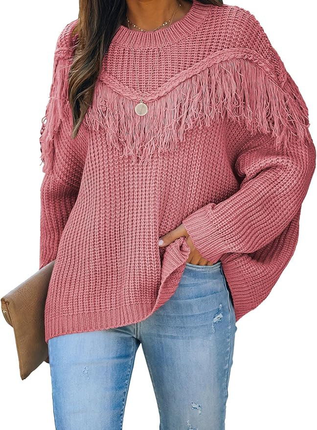 LOGENE Women's Oversized Batwing Long Sleeve Crewneck Cable Knit Tassel Decoration Pullover Sweat... | Amazon (US)