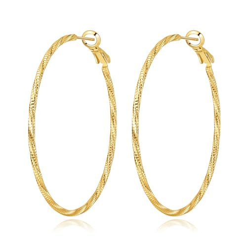DAILY VIBES Thin Big Gold Hoop Earrings for Women Dainty 925 Sterling Silver Post Loop 14k Gold Plated Twisted Large Hypoallergenic Hoop Earrings for Women, 50mm | Amazon (US)