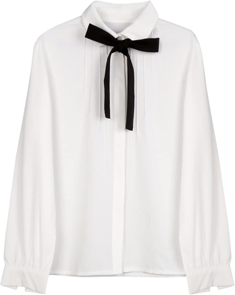 Women's Work Shirt Bow Tie Long Sleeve Button Collar Loose Casual Top Chiffon Shirt | Amazon (US)