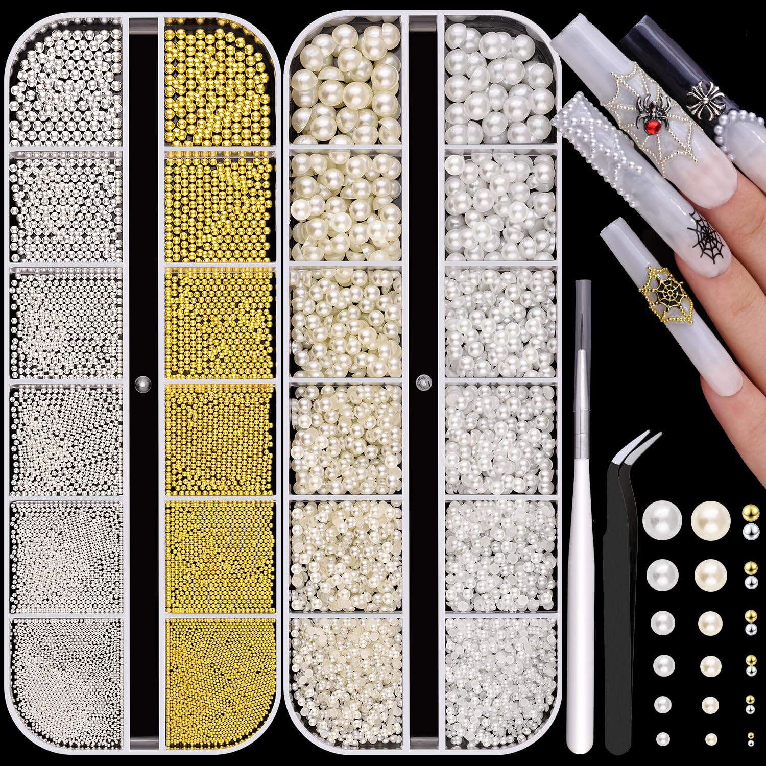 2 Boxes Flatback Pearls (White+Beige) and Metal Nail Beads (Silver+Gold) for Nail Art, Luxurious ... | Amazon (US)