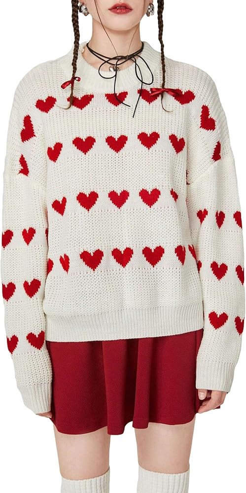 Floerns Women's Winter Heart Pattern Drop Shoulder Mock Neck Long Sleeve Casual Sweater Pullover | Amazon (US)