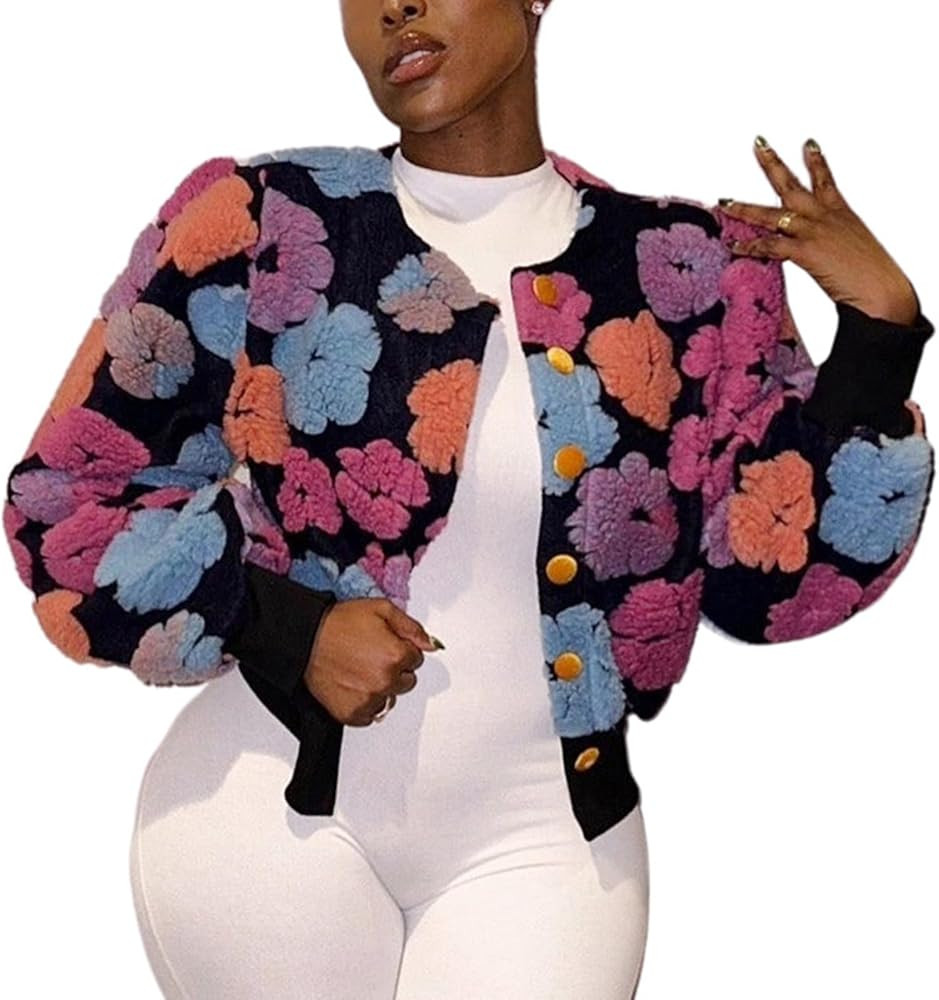 Yimoon Womens Cropped Floral Print Jacket Puff Sleeve Fleece Bomber Jacket Button Down Fall Winte... | Amazon (US)