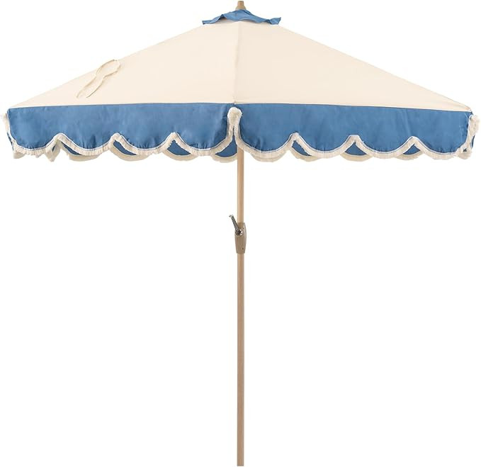 Tempera 9ft Beige Spliced Twilight Blue Tassels Scallop Patio umbrella,Outdoor Table Market Umbre... | Amazon (US)