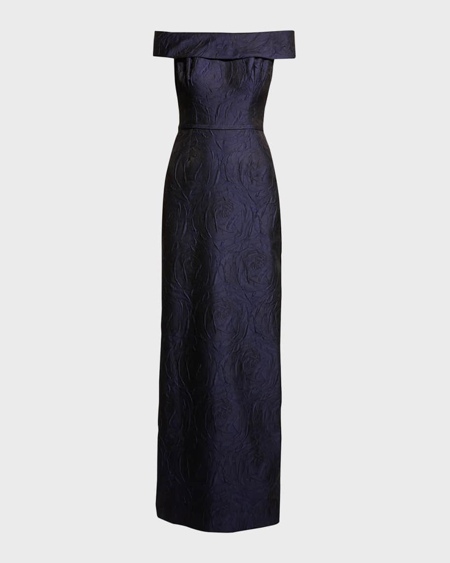 Rickie Freeman for Teri Jon Off-Shoulder Jacquard Column Gown | Neiman Marcus