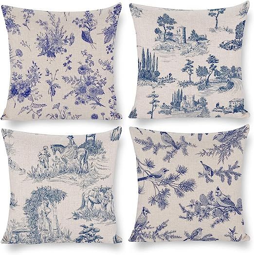 LOHDALOLF Toile Throw Pillow Covers 18x18 inch Set of 4 French Country Pillow Cases Vintage Blue ... | Amazon (US)