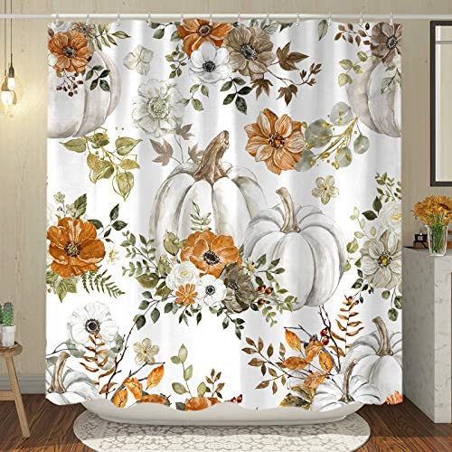 Cute Fall Pumpkin Shower Curtain, Autumn Thanksgiving Watercolor Teal Pumpkin Fabric Shower Curtains Set for Bathroom Decoration with Hooks 72 X 83 Inch Yellow Boho Gold Leaves Holiday Bath Decor | Amazon (US)