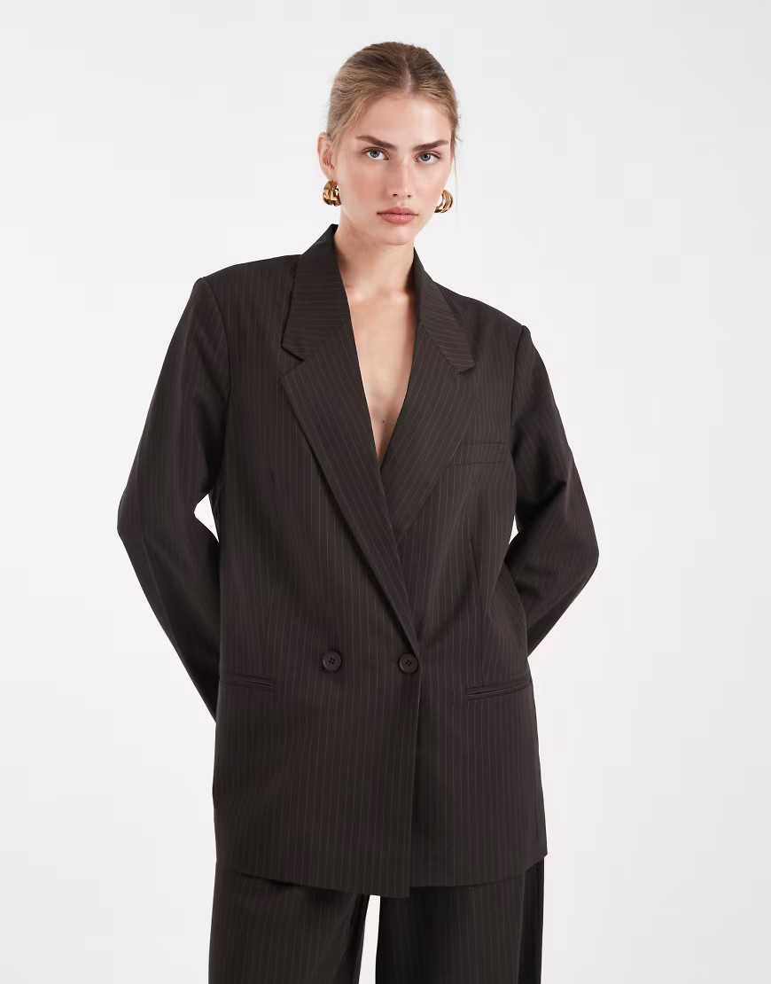 ONLY oversized double breasted blazer in brown pinstripe - part of a set | ASOS (Global)