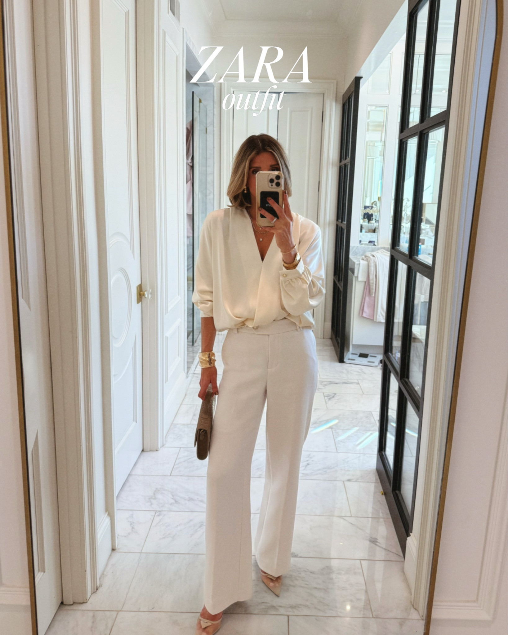 New winter white outfit at Zara. This satin wrap top is under $50. 