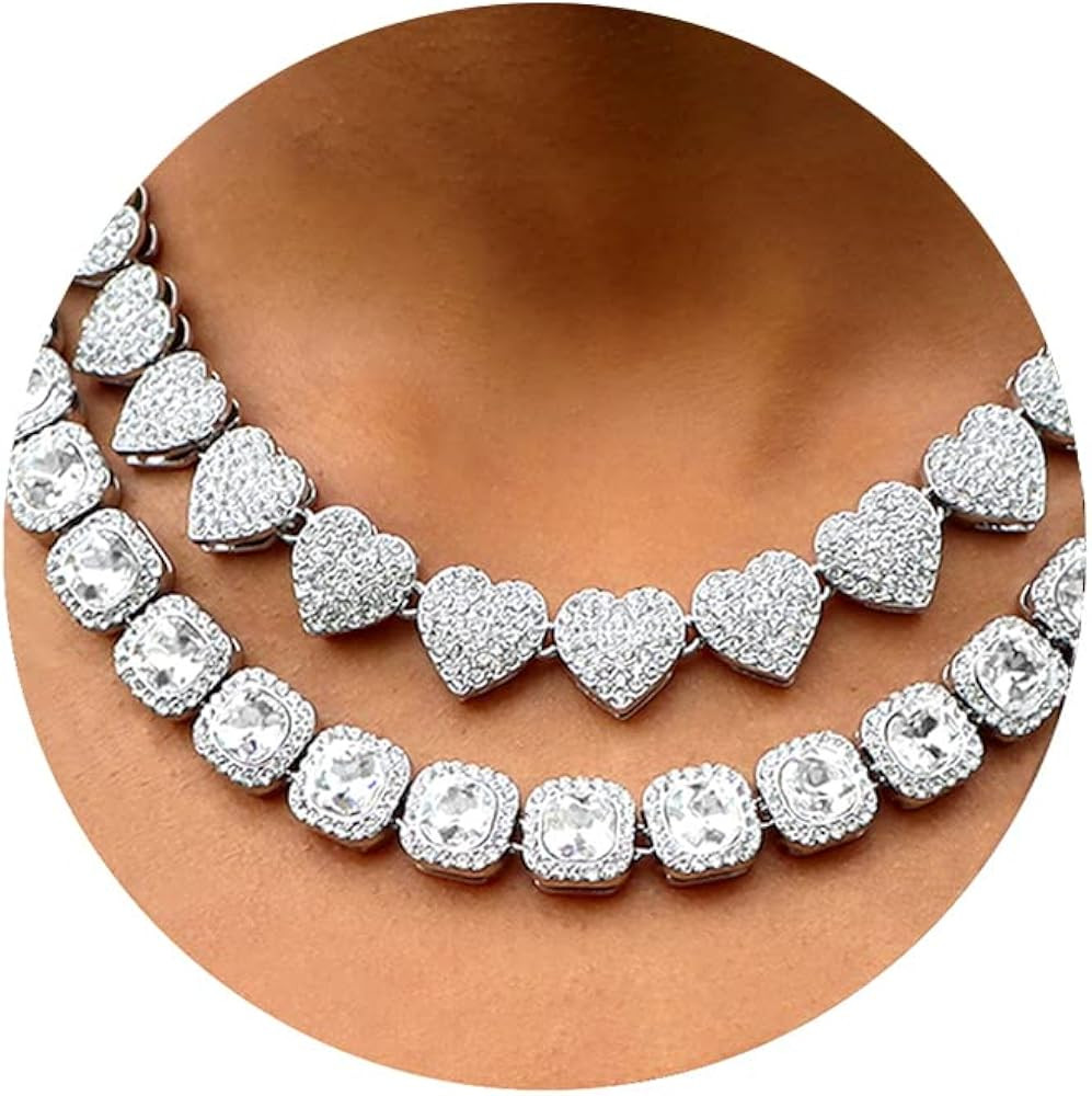 Women's 18+20'' Zinc Necklace, Clustered Diamond Tennis Chain & Heart Necklace Set, Hip Hop Jewel... | Amazon (US)