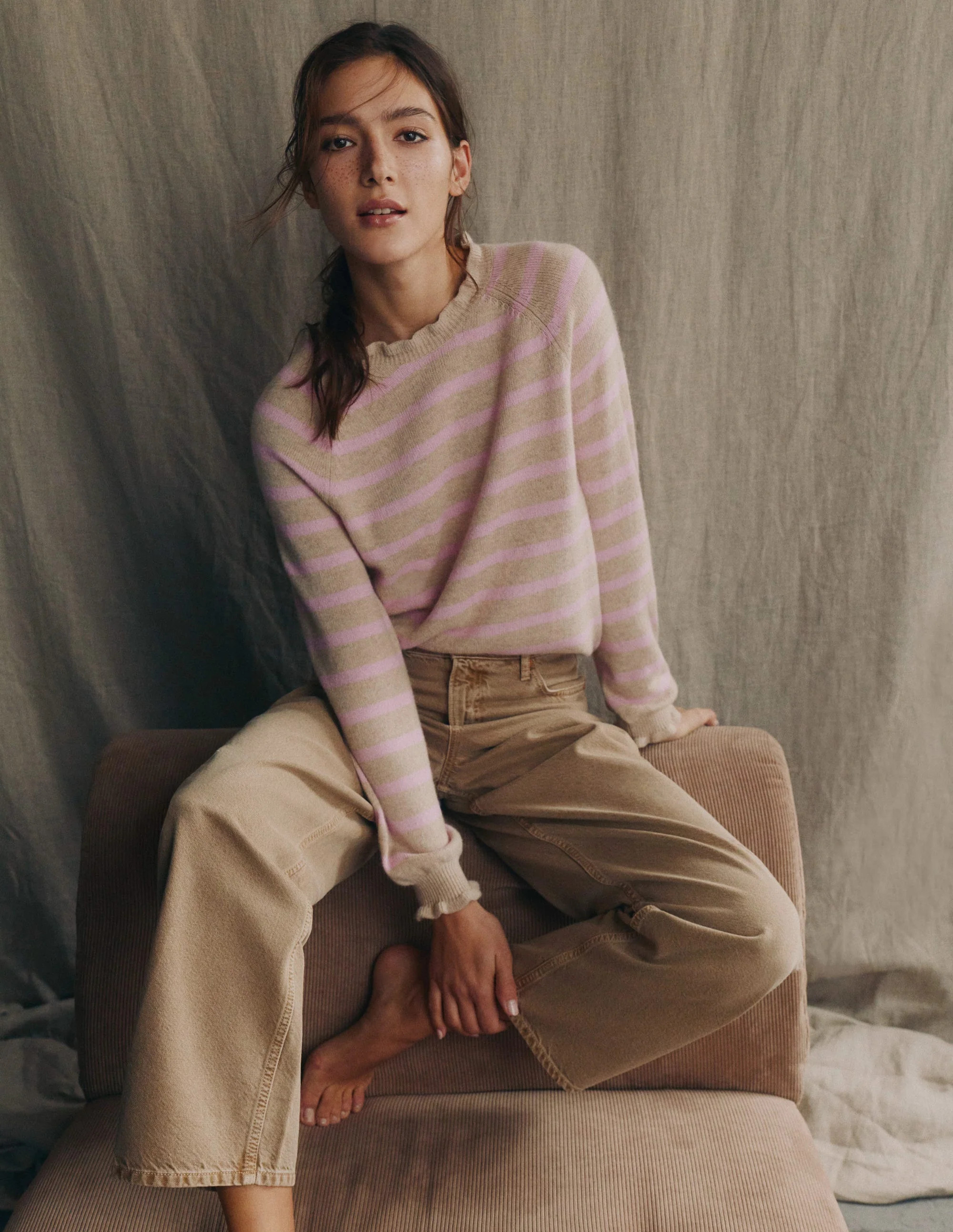 Fae Fair Isle Frilled Sweater-Camel, Pink Stripe | Boden (US)