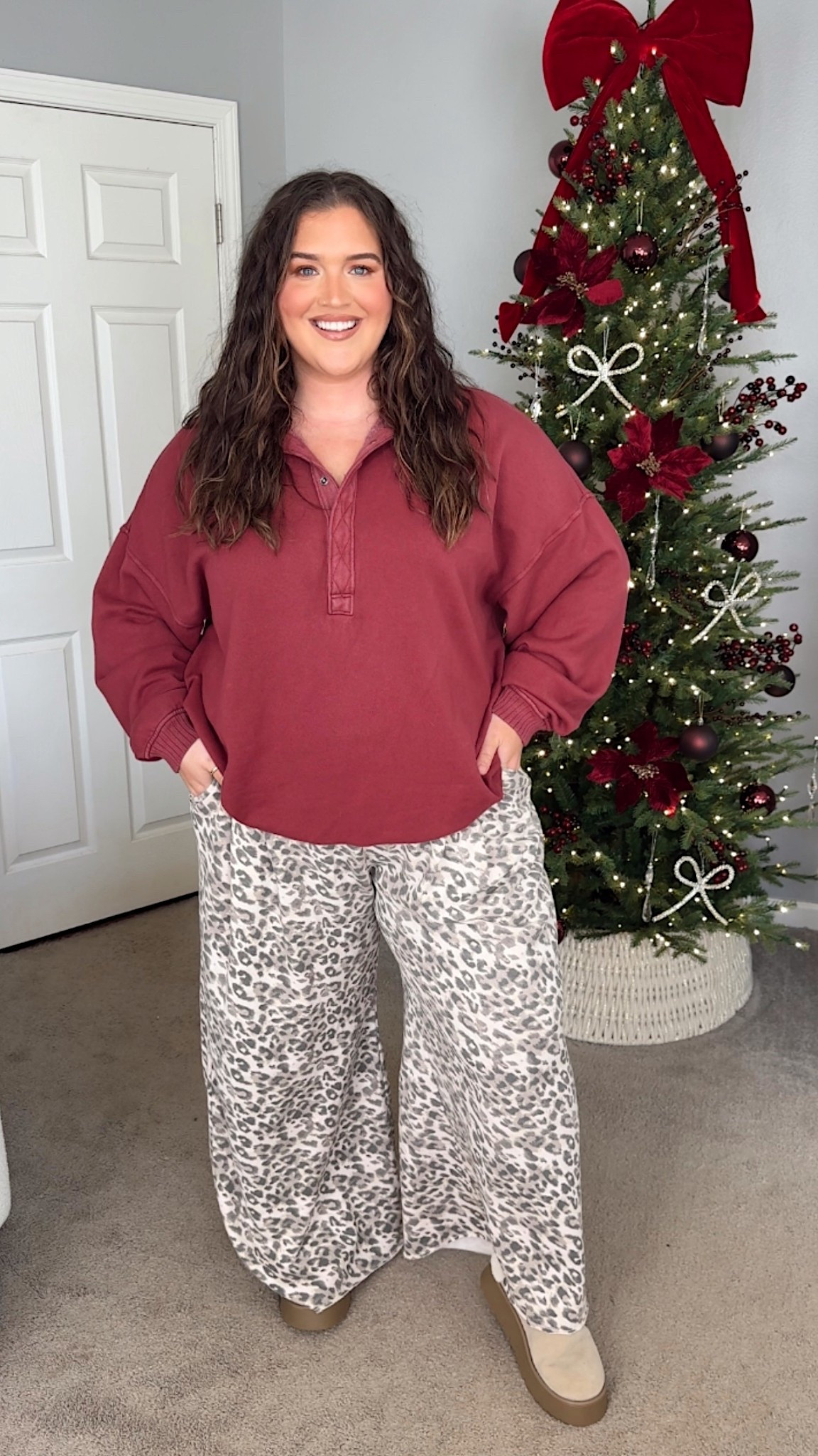 Aerie cozy casual pieces on sale up to 40-50% off for Cyber Monday! 🎁❤️🎄 One of my favorite button pullover sweatshirts, comes in so many colors and runs oversized, I’m wearing an XL. Pants are a comfy stretchy wide leg fit in leopard print size XXL

#LTKPlusSize #LTKSaleAlert #LTKootd