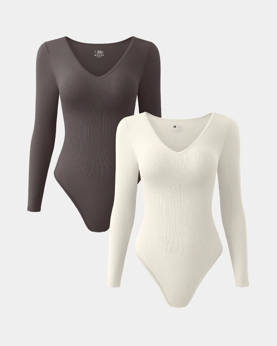 V Neck Long Sleeve Bodysuits | Oqq