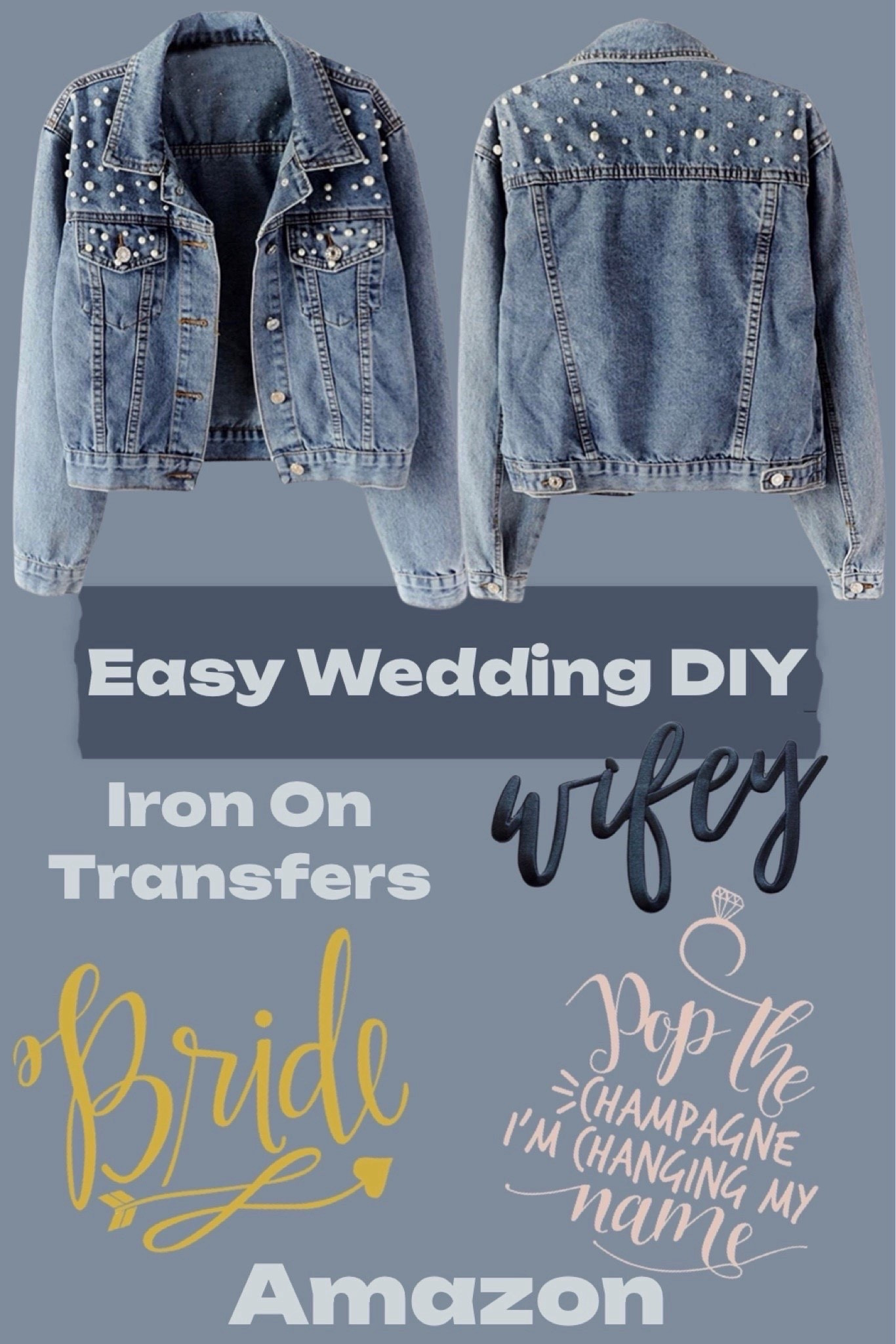 Easy DIY for brides to be. Use your own, thrift or buy a new denim jacket. Use iron-on transfers to dress up the jacket for your bachelorette, bridal shower, wedding, or honeymoon. 

Summer fashion. DIY wedding. DIY bride. Custom denim jacket. Personalized bride jean jacket.

#LTKWedding #LTKSeasonal #LTKHome