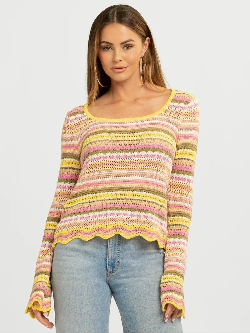 Jessica Simpson Women's Lilianna Cotton Pointelle Sweater with Long Sleeves, Lightweight, Sizes X... | Walmart (US)