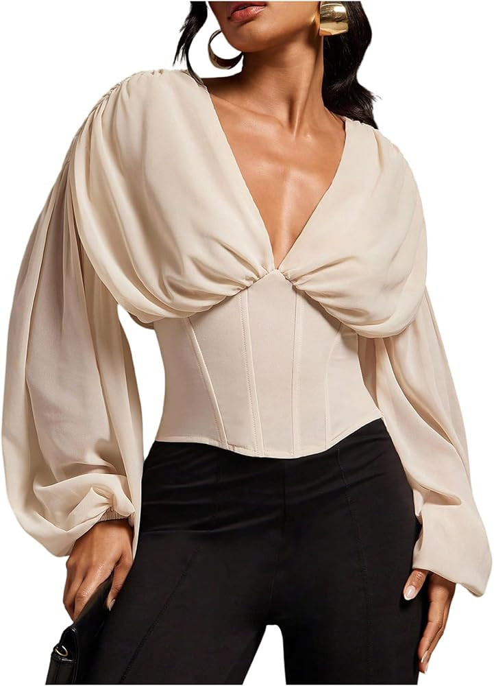 MakeMeChic Women's Deep V Neck Chiffon Blouse Long Sleeve Elegant Satin Silk Tops Going Out Tops | Amazon (US)