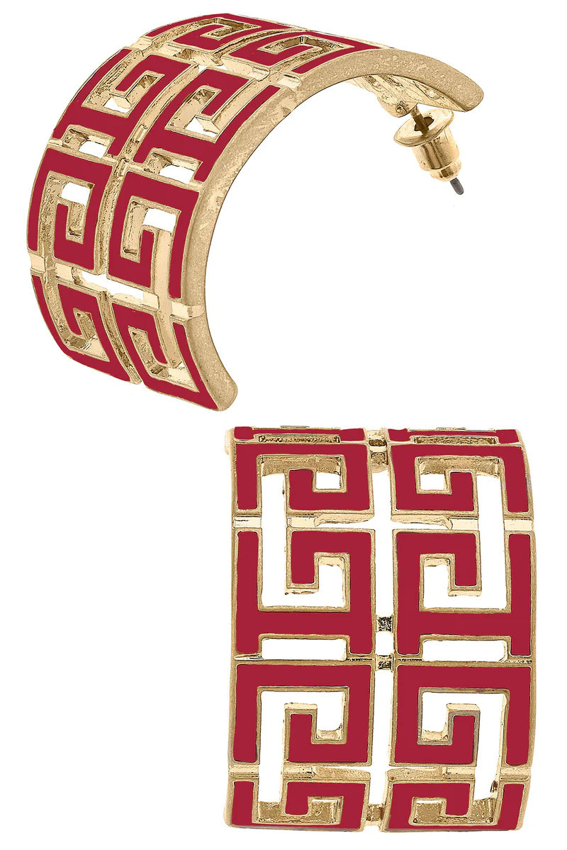 Brennan Game Day Greek Keys Enamel Hoop Earrings in Crimson | CANVAS