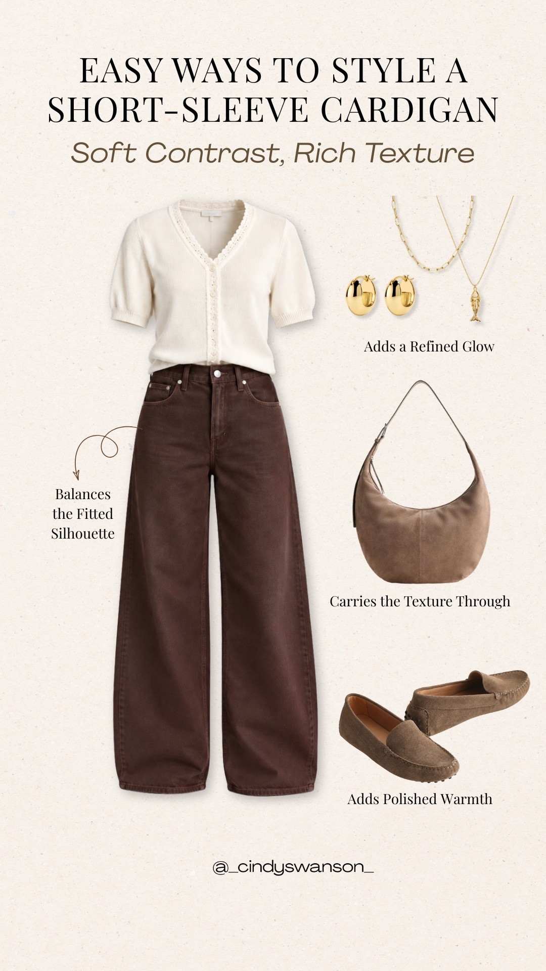 I love the soft contrast of an ivory short-sleeve cardigan with rich brown jeans. Add warm taupe accessories and a little gold jewelry, and you have an easy, polished outfit that feels both classic and current.

#LTKootd #LTKOver40 #LTKgrwm