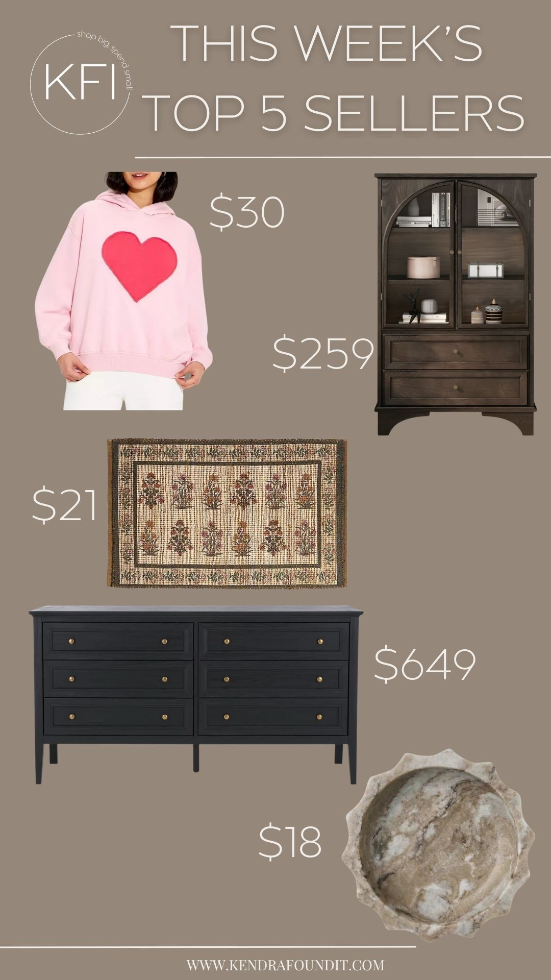 This week’s top 5 sellers are so good: the Target heart sweatshirt ($30) is the cutest comfy throw-on, the Wayfair arched cabinet ($259) is that perfect modern organic storage + display moment, the Kirkland’s vintage-style mat ($21) gives instant “found it at a flea market” charm at the front door, the Crate & Barrel dresser dupe ($649) is such a clean, elevated staple (especially with those brass knobs), and that marble tray ($18) is honestly a bonkers value for how high-end it looks (perfect for jewelry, keys, or styling on a dresser).

#LTKValentine #LTKHome #LTKootd