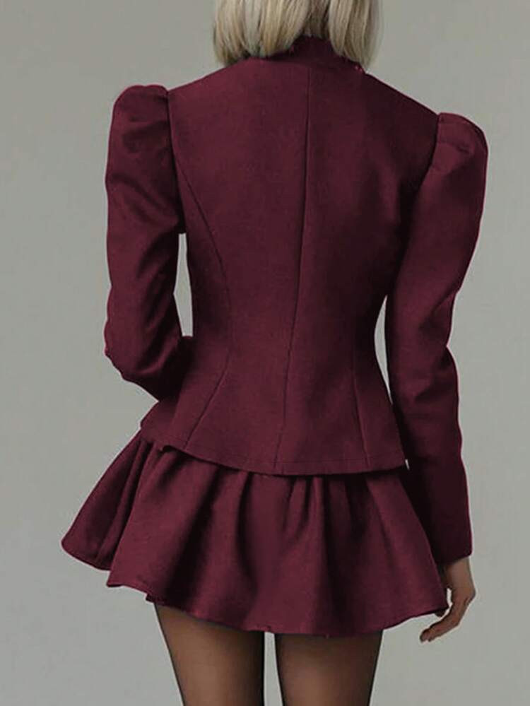 Women's Elegant 2 Pieces Set: Fitted Long Sleeve Shirt And High Waist Mini Skirt, Solid Color | SHEIN