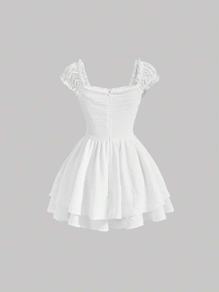 SHEIN MOD Solid Frill Trim Ruched Bust Ruffle Hem White Cap Sleeves Double Hem Skort Romper | SHEIN