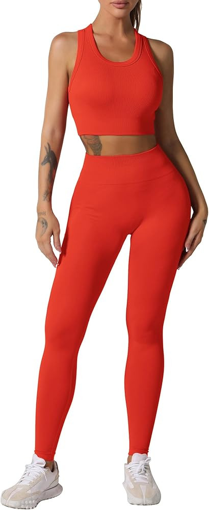 ABOCIW Workout Sets for Women 2 Piece Seamless Ribbed Tank Top Sport Bra High Waist Biker Shorts ... | Amazon (US)