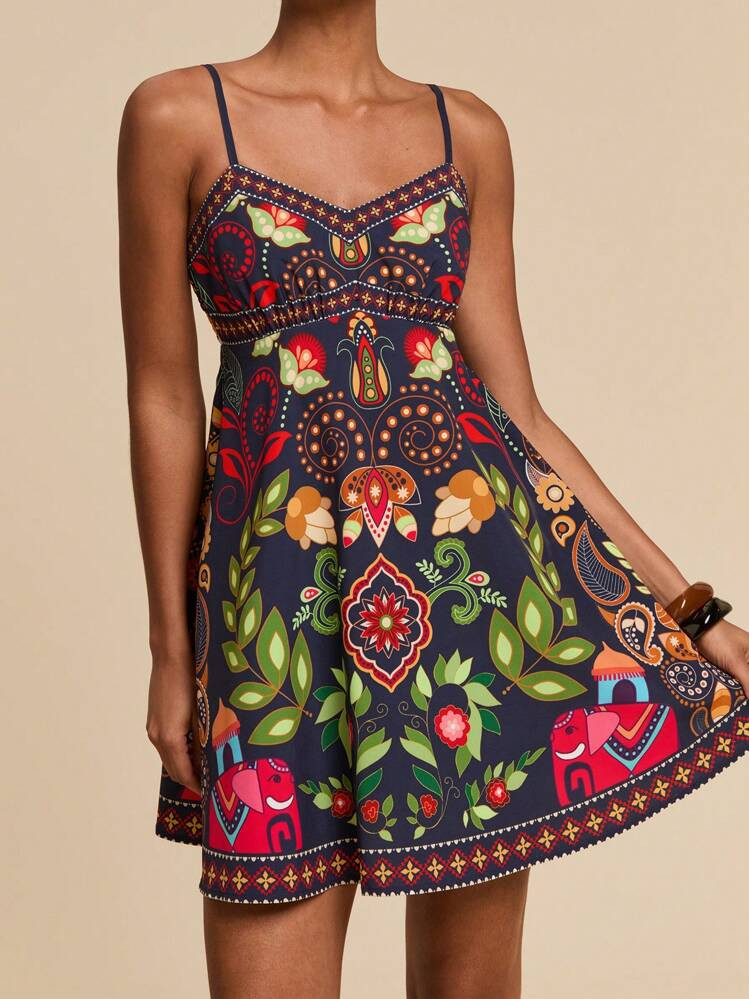 Travachic Colorful All Over Printed Cami Dress With Zipper And Boho Style Short Sundress Wildflower Dress Vacation Dress Elephant Print Dress | SHEIN