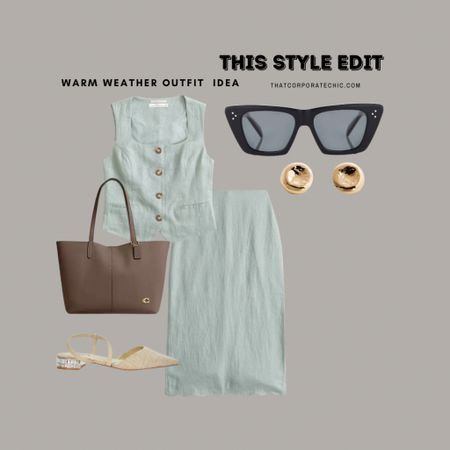 Warm weather outfit for the skirt lover.
This set also comes as a trouser 
Linen set | Workwear | Work bag | Flats | work shoes | summer style 

#LTKstyletip #LTKshoes #LTKworkwear