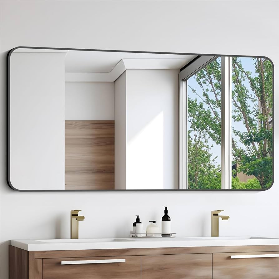 Bathroom Mirror, 30"x55" Black Rectangle Wall Mirror, Metal Frame Rounded Corner Vanity Mirror, L... | Amazon (US)