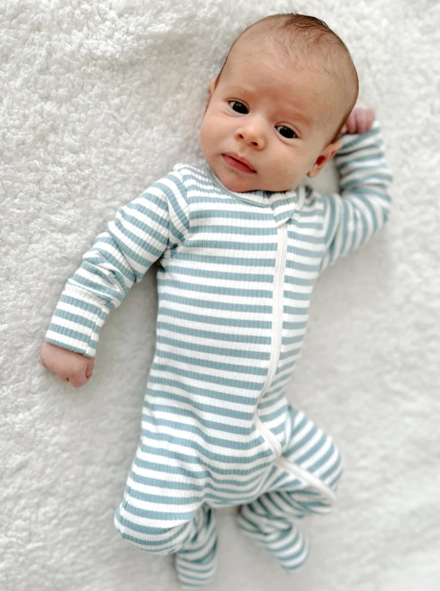 Dusty Blue Stripe / Organic Ribbed 2-Way Zip Romper | SpearmintLOVE