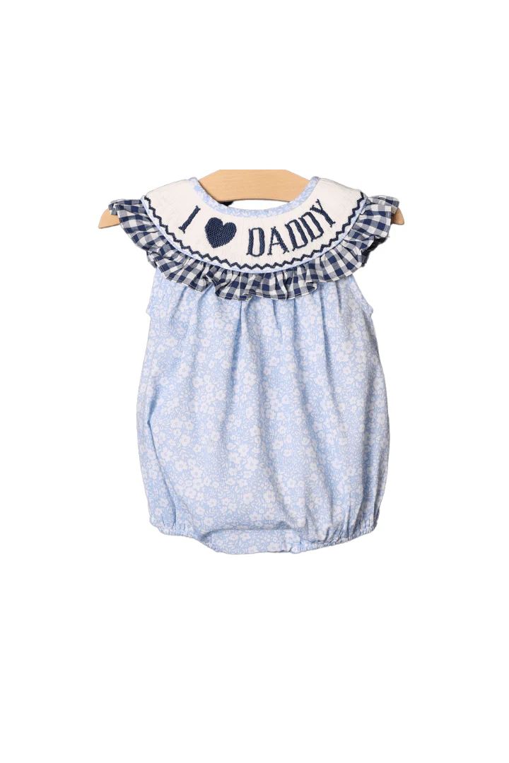Smocked I Love Daddy Floral/Navy Gingham Bubble | The Smocked Flamingo
