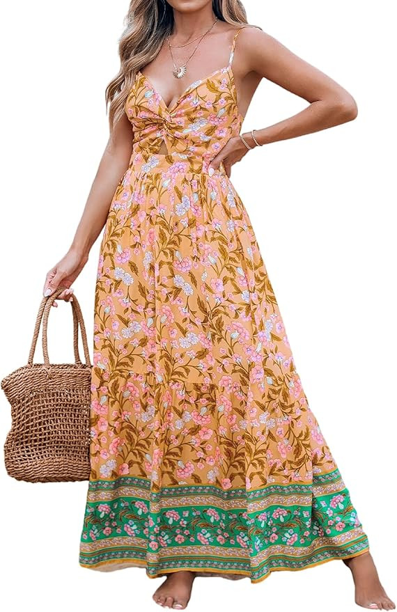 CUPSHE Women's Maxi Dress Floral Print Twisted V Neck Sleeveless Long Dress Summer Casual Dress | Amazon (US)