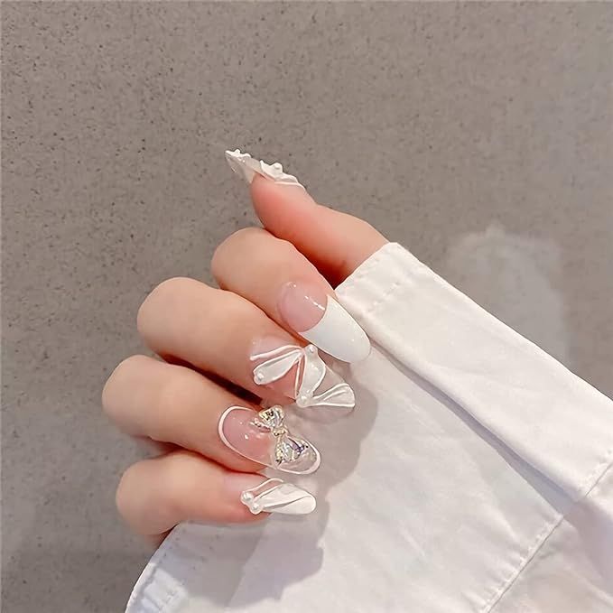 FunBeauty 24pcs Fake Nails 3D Bowknot French Nails Medium Length Oval Press on Nails Glossy Round... | Amazon (US)