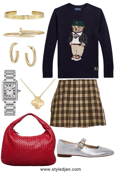 Fall outfit idea - pleated plaid mini skirt, Ralph Lauren bear sweater, red woven bag, silver metallic Mary Jane ballet flats




#LTKfindsunder100 #LTKstyletip #LTKSeasonal