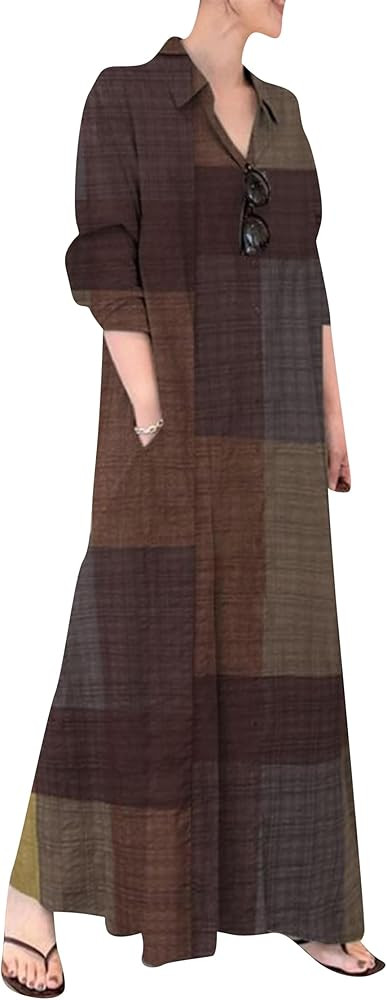 Women's Cotton Linen Shirt Dress Long Sleeve Floral Print Button Down Maxi Dress with Pockets | Amazon (US)