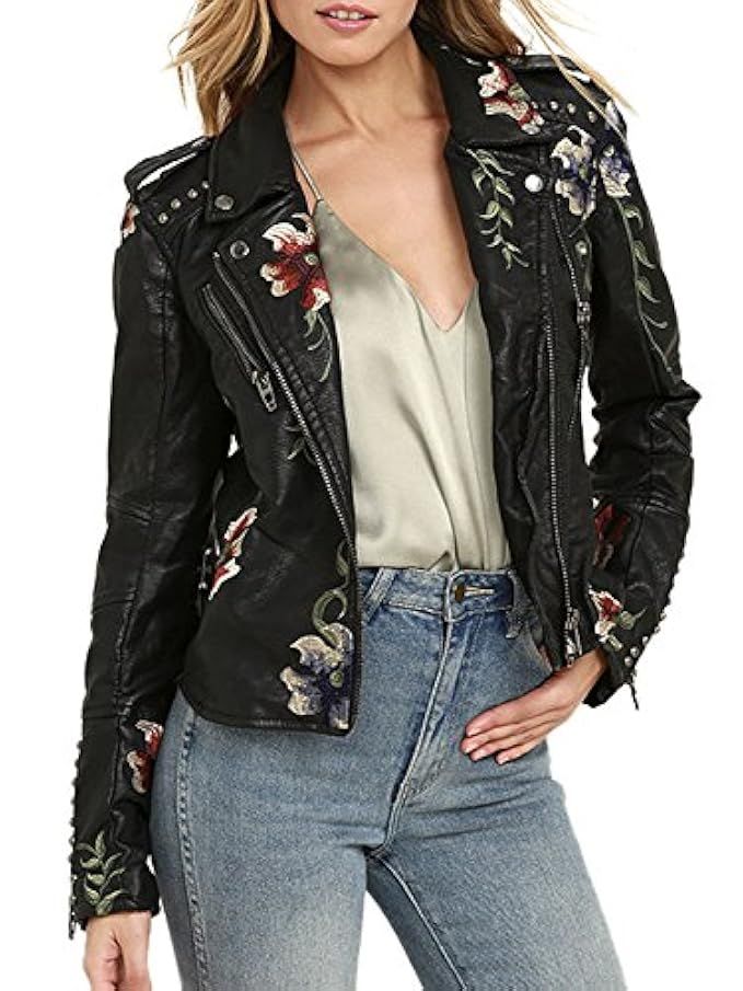 BerryGo Women's Floral Embroidered Faux Leather Moto Jacket Coat | Amazon (US)