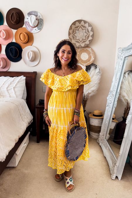 Yellow off the shoulder eyelet summer maxi dress!
Perfect for all your summer events!
Blue straw crossbody bag.
Size up one💛
Yellow dress// eyelet dress// summer dress// 

#LTKSeasonal #LTKFindsUnder100