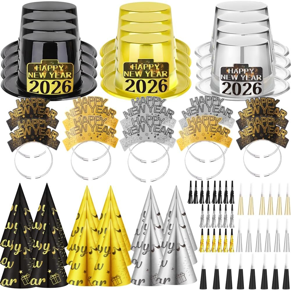 Upgraded Happy New Years Eve Party Supplies 2026 for 40 Guests, NYE New Year Decorations Hats Hea... | Amazon (US)
