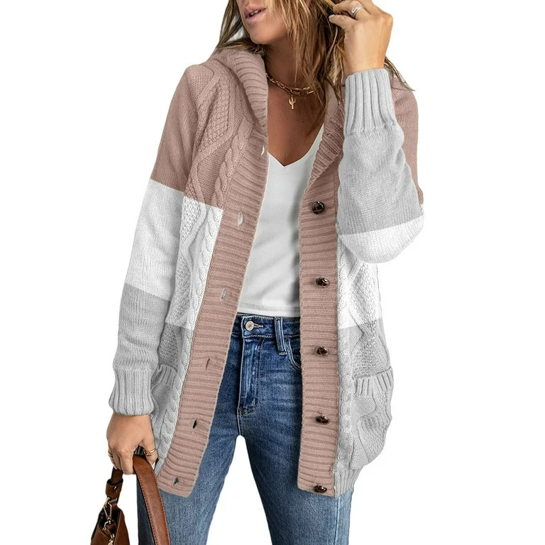 Eytino Hooded Cardigan Sweaters for Women Long Sleeve Button Down Knit Sweater Coat Outwear with ... | Walmart (US)