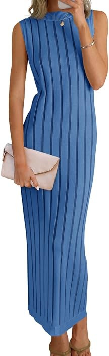 Wenrine Womens Sleeveless Sweater Dress Mock Neck Knit Tank Maxi Dresses | Amazon (US)