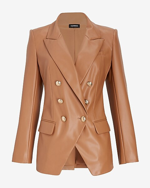 Faux Leather Double Breasted Novelty Button Blazer | Express