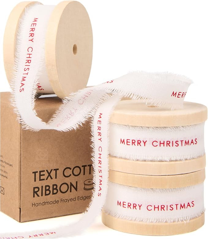 Vitalizart Merry Christmas Ribbon 5/8 Inch Natural Cotton Handmade Frayed Fringe Ribbons 15 Yd fo... | Amazon (US)