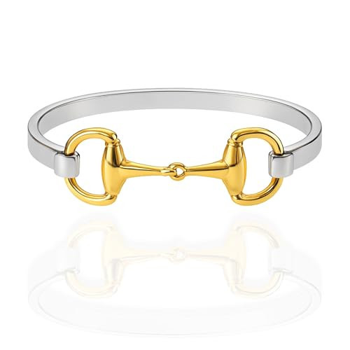 Silver & Gold Horsebit Bangle. 18K Gold-Plated Snaffle bit on Stainless Steel Silver-Tone Band. Minimalist Heritage Style Equestrian Jewelry. Modern Horse Cuff Bracelet. Western Jewelry Gift for Her | Amazon (US)