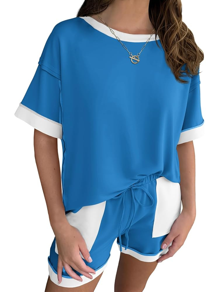 Fisoew Womens Summer 2 Piece Outfits Sweatsuits Oversized Sweatshirt Shorts Casual Color Block Lo... | Amazon (US)