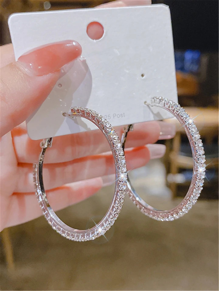 1pair Large Circle Crystal Hoop Earrings for Women Silver Color Fashion Round Shiny CZ Big Earrin... | SHEIN