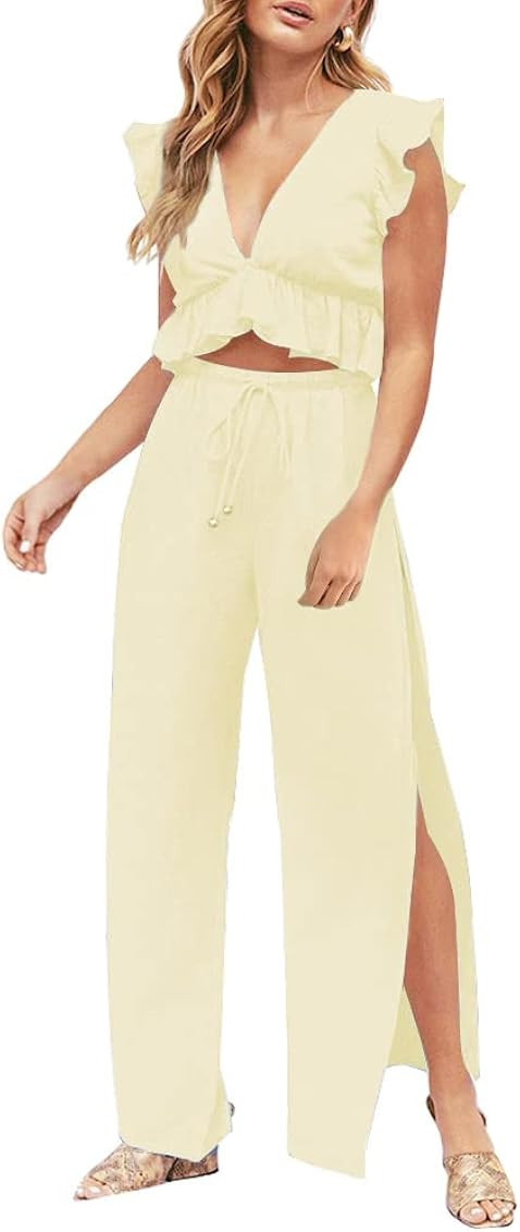 FANCYINN Womens 2 Pieces Outfits Deep V Neck Crop Top Side Slit Drawstring Wide Leg Pants Set Jum... | Amazon (US)