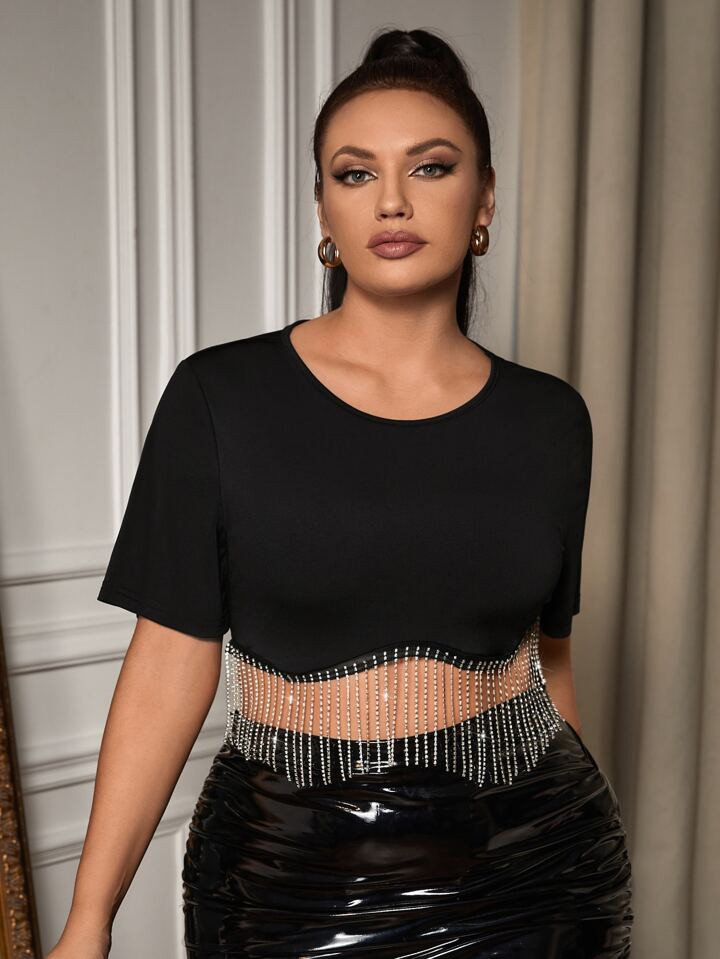 SHEIN SXY Plus Rhinestone Fringe Hem Crop Top | SHEIN