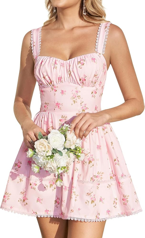 Amazon.com: KUTUMAI Lace Corset Mini Dress Floral Flowy A Line Smocked Short Graduation Dresses for Women 2026 Summer PinkFloral M : | Amazon (US)