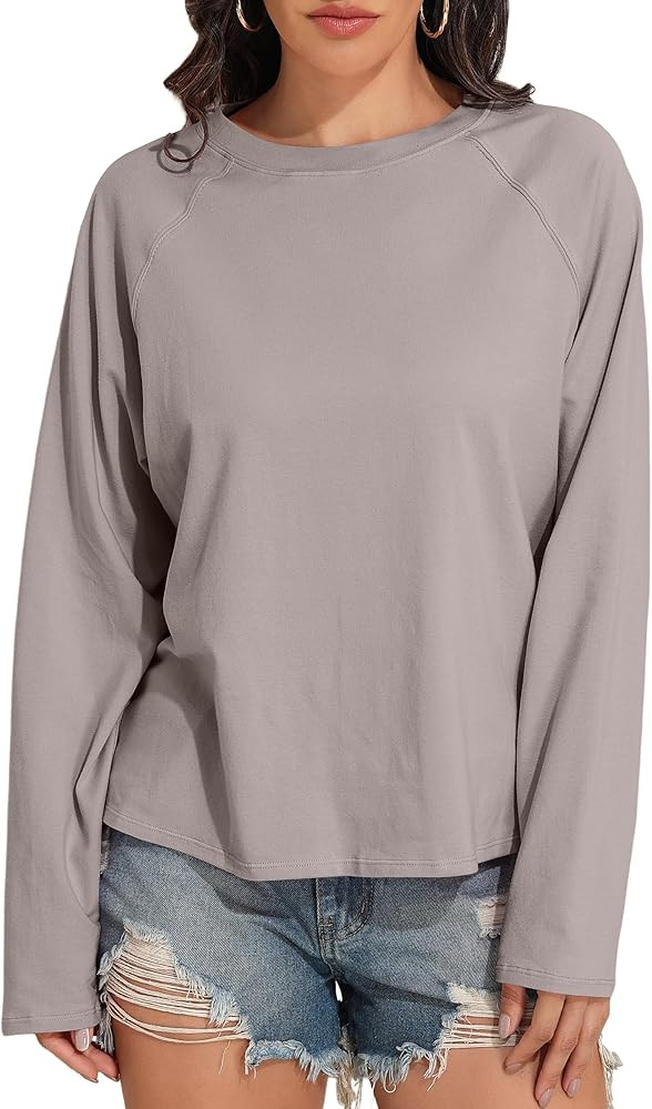 PrettyGuide Women Long Sleeve Shirts Oversized Cotton Cropped T Shirts Casual Crewneck Basic Tee ... | Amazon (US)